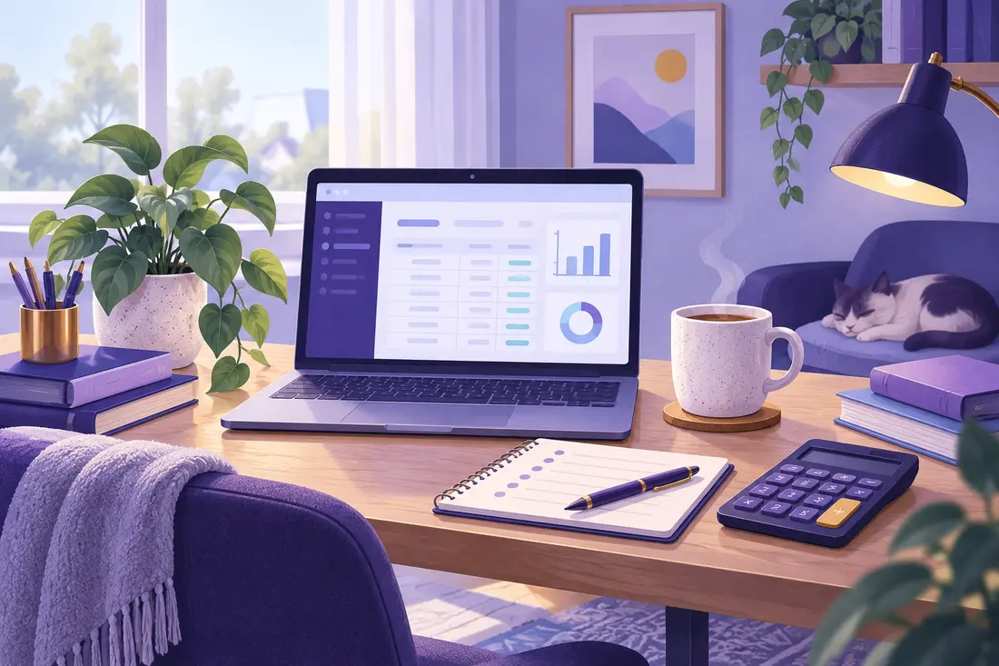 Illustrated home workspace for learning bookkeeping