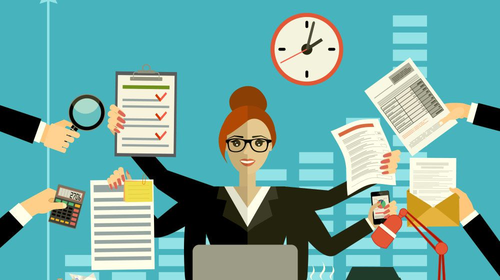 business woman surrounded by hands office things time management strategies ss featured