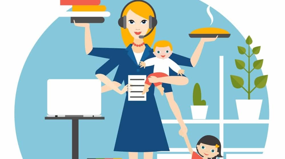 Multitask woman. Mother, businesswoman with baby, older child, working, cooking and calling | How to Multitask As A Work From Home Parent | multitasking skills | Featured
