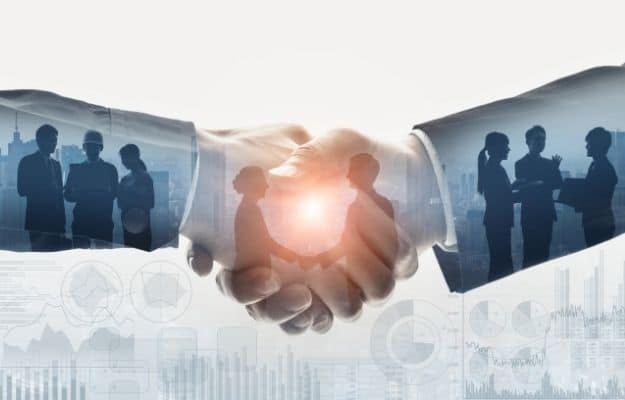 man shaking hands and image of business communication ss